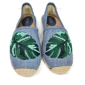 Denim Slip-On Espadrilles with Green Sequin Leaf Embroidery